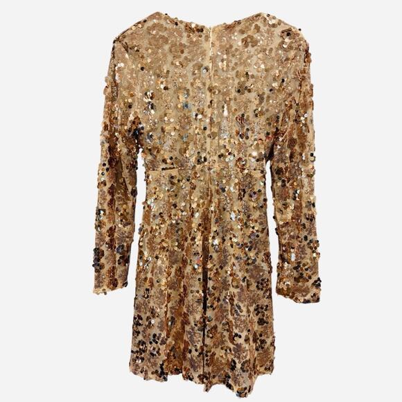 NWT Champagne, Rose Gold Sequin V-Neck Long Sleeve Mini Dress, Size 12 - Picture 3 of 10
